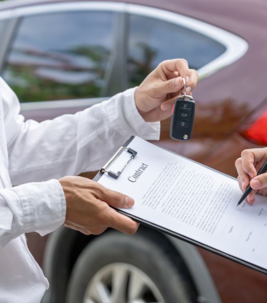 Una persona entrega las llaves de un automóvil mientras otra firma un contrato junto al vehículo.